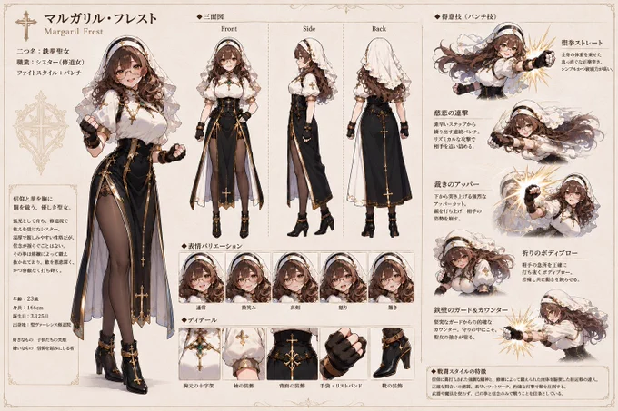 ChatGPT「このキャラクターのキャラクターデザインシートを画像生成して
名前：マルガリル・フレスト
二つ名：鉄拳聖女
職業：シスター（修道女）
ファイトスタイル：パンチ

得意技を加えて、ただし、武器、飛び道具は禁止、魔法、放出系の技（かめ〇め波 的な）の禁止」