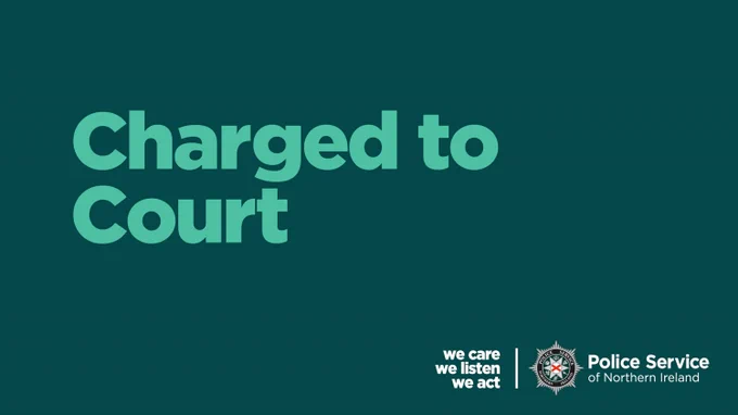 The words "Charged to Court" are displayed prominently, with the Police Service of Northern Ireland logo in the corner.