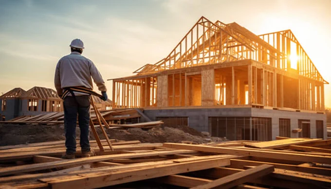 Construction worker standing at a new home building site with wooden framing in progress during sunset, representing new construction home builders and residential development in progress.