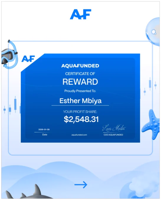 A certificate from Aquafunded awarded to Esther Mbiya for a profit share of $2,548.31. The design features a blue theme with ocean-related graphics.