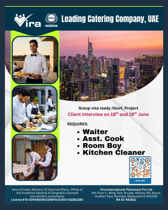 Latest Hiring News for Talent at Vira International Placements Pvt Ltd

Read More & Apply: https://www.inituban.com/2022/10/new-job-offers-at-vira-international.html

Career seekers can find UAE vacancies through Vira International Placements Pvt Ltd with openings in kitchen and guest service teams today.

#HospitalityJobs #UAEJobs #CareerOpportunities #WaiterJobs #CookJobs #RoomAttendant #JobSearch #ViraInternational #HospitalityCareers #ApplyNow