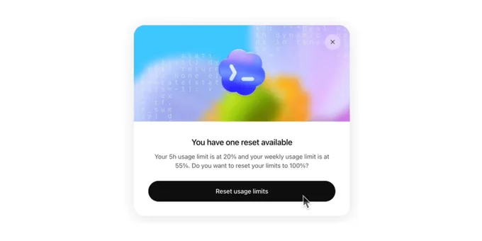 A notification displays usage limits, showing a 20% limit for 5 hours and 55% for weekly usage, with an option to reset.