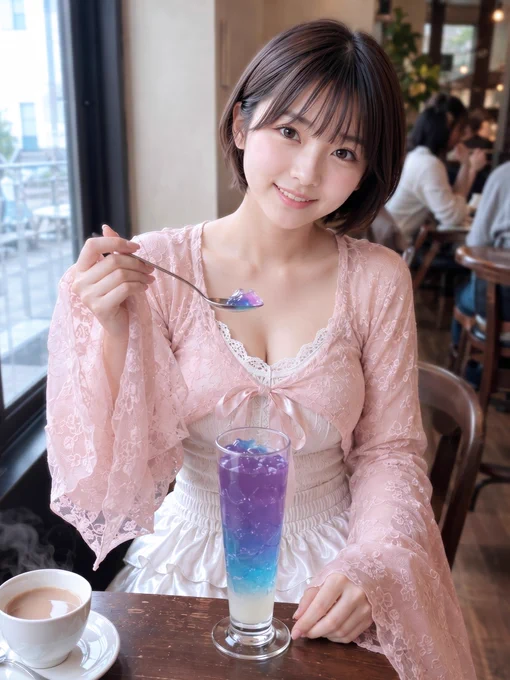 カフェであじさい色のゼリーを楽しむショートカット女子