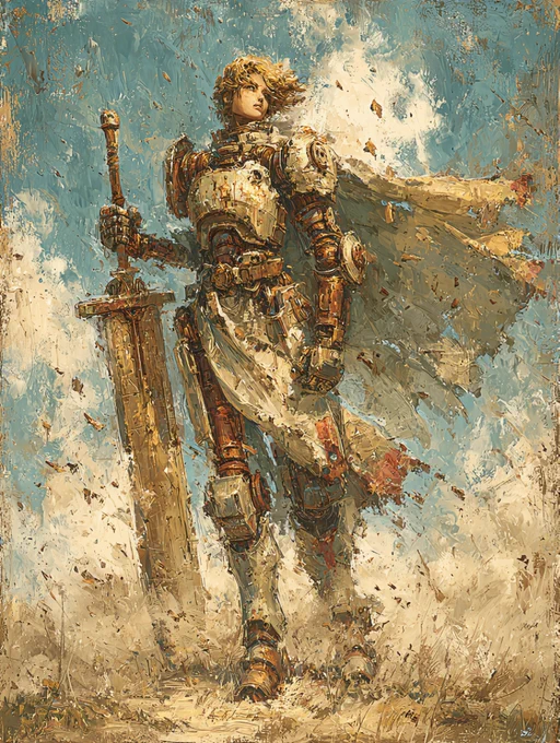 A lone knight stands tall, sword raised against the swirling sky.