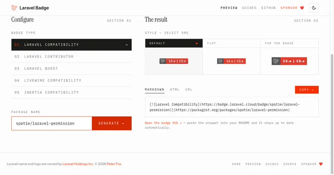 Interface for configuring Laravel badges, showing badge types, package name input, and style options with Markdown and HTML snippets.