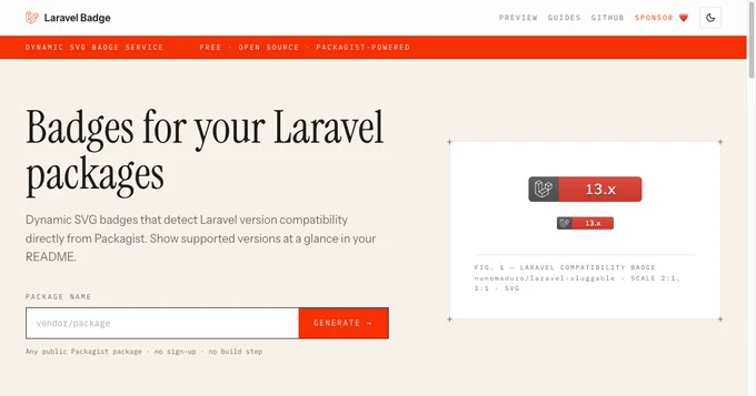 A web interface displays a service for generating dynamic SVG badges to show Laravel version compatibility, including an example badge.