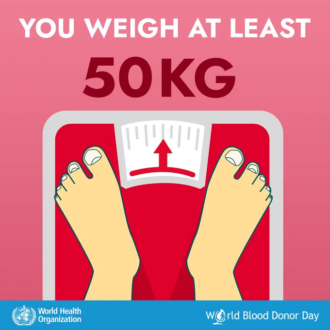 Illustration of feet over a weighing scale with text that reads you weigh at least fifty kilograms. Below is text that says World Blood Donor Day, with the World Health Organization logo on the bottom left.