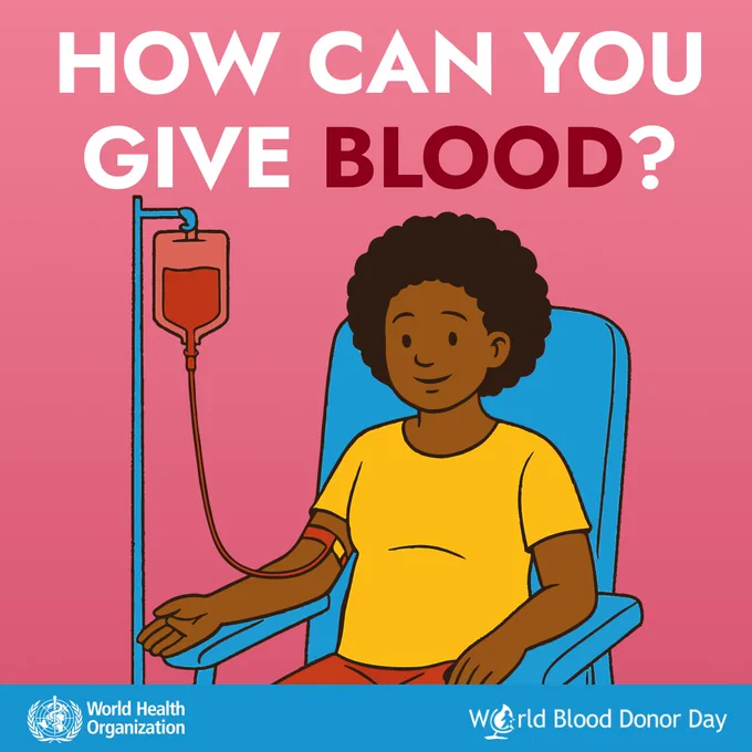 Illustration of a person donating blood with text how can you give blood? Below is text that says World Blood Donor Day, with the World Health Organization logo on the bottom left.
