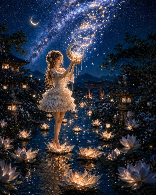 【GPT Image2プロンプト】
主題：
星空へ帰る蓮灯

人物・表情：
淡い金茶色の巻き髪を高めのハーフアップにした若い女性。花飾りと小さなパールの髪飾りをつけ、柔らかく幻想的な雰囲気。穏やかで少し祈るような表情、光る球体を見上げる自然な横顔。透明感のある肌、繊細な目元、落ち着いた優しいまなざし。

服装・ポーズ：
アイボリーの短いレースドレス。胸元は上品に整えたロマンティックなデザイン、透け感のある袖、重なったフリル、細かな刺繍とビーズ装飾。スカートは膝上のショート丈で、何層ものラッフルがふんわり広がる。裸足で光る蓮灯の上に立ち、両手で小さな光の球体をそっと掲げている。身体は少し斜め向き、静かに願いを空へ返すようなポーズ。

背景・光：
夜の日本庭園を思わせる幻想的な水辺。水面には無数の光る蓮灯が浮かび、奥には赤い鳥居、石灯籠、木造の楼閣、遠くの山並み。空には三日月と明るい天の川。手元の球体から金色の光、星、花びら、小さな光の魚が立ちのぼり、銀河と自然につながっていく。銀河の中にも、ごく小さな魚たちが泳いでいるように見える。暖かい金色の光と深い青の夜空を対比させる。

構図・カメラ：
縦構図、全身ポートレート。人物を中央やや左に配置し、蓮灯の水路が奥の鳥居まで続く奥行きのある構図。視線誘導は足元の蓮灯、水面の反射、手元の球体、銀河へと上に流れる。35mm〜50mm相当の自然な画角、ややローアングル、映画的な遠近感。水面の反射、光の粒、前景の蓮灯を使った立体感のある構成。

質感・スタイル：
高精細、4K品質、幻想的な写真風AI画像、シネマティックなライティング、リアルな水面反射、繊細なレース質感、透明感のある肌表現、柔らかな光のにじみ、深い青と金色のコントラスト。過度に加工されていない自然な質感を保ちながら、夢のようなファンタジー感を強める。細部まで美しいプレミアムなAIイラスト風フォトビジュアル。

ネガティブ：
低画質、不自然な顔、不自然な手、余分な指、欠けた指、歪んだ指、奇妙な目線、左右非対称な目、崩れた顔、歪んだ体、破綻した服、長すぎるスカート、服の形崩れ、不自然な足、浮いた足、不自然な水面反射、背景の破綻、文字、ロゴ、透かし、過度な美肌補正、過度な露出、過剰なノイズ、AI特有の不自然な質感