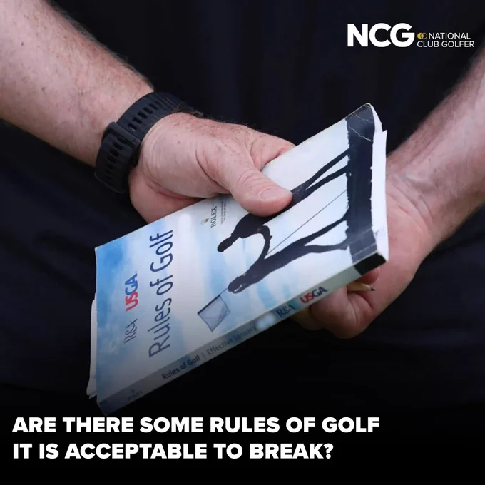 A person holding a Rule of Golf book with a thought-provoking question on rule-breaking. The setting is contemplative and introspective.