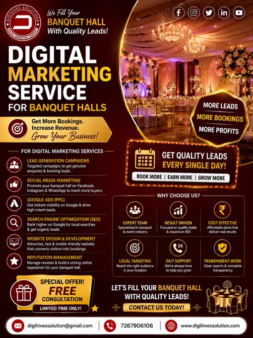 🚀 Boost Your Banquet Hall Bookings with Digital Marketing! 🎉

Looking to increase event bookings, wedding inquiries, and brand visibility for your banquet hall? Let Digihives Solutions help you attract more customers through result-driven digital marketing strategies.

✅ Social Media Marketing
✅ Google Ads & Lead Generation
✅ SEO for Banquet Hall Websites
✅ Facebook & Instagram Promotions
✅ Wedding & Event Campaign Marketing
✅ Website Development & Optimization
✅ Local Business Branding

🎯 Generate More Leads
🎯 Increase Venue Bookings
🎯 Build a Strong Online Presence
🎯 Reach Your Target Audience Effectively

📞 Connect With Us Today!
📲 072679 06106
📩 digihivessolution@gmail.com
🌐 digihivessolution.com

💡 Your Success is Our Digital Mission

#DigihivesSolutions #DigitalMarketingCompany #BestDigitalMarketingCompany #DigitalMarketingServices #BanquetHallMarketing #BanquetHallPromotion #WeddingVenueMarketing #EventMarketing #SocialMediaMarketing #SEOCompany #LeadGeneration #Googl