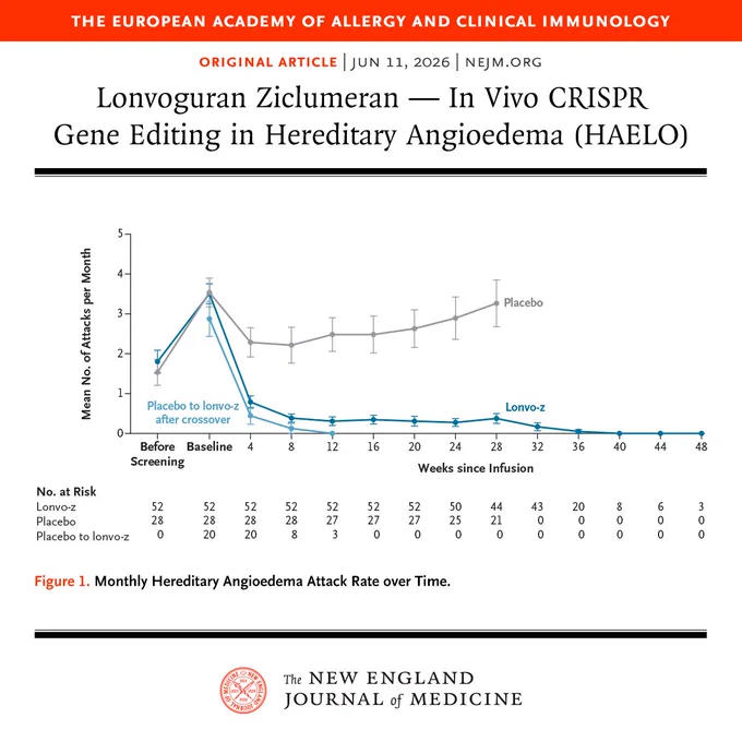 A graph from the article "Lonvogran Zicluemeran — In Vivo CRISPR Gene Editing in Hereditary Angioedema" published in the New England Journal of Medicine, dated June 11, 2026. The trial name, HAELO, is in parentheses next to the article title. A graph the mean number of angioedema attacks per month between "Placebo" and "Lonvoz-2" groups over time.
