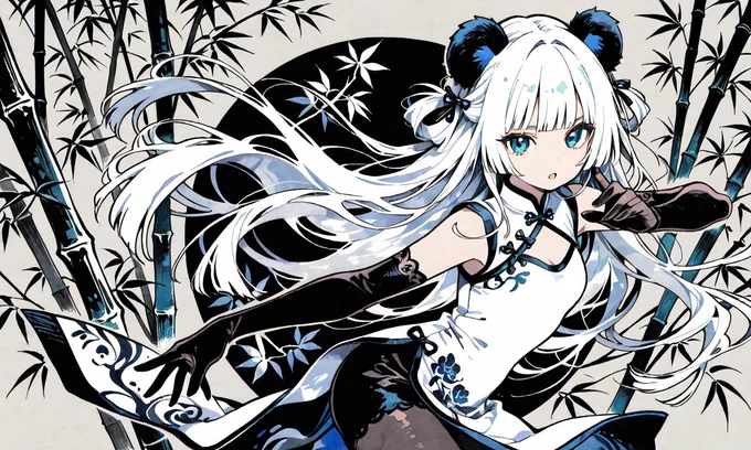 PixAI【Shiitake-Mix】1girl,((solo)),panda ears, white hair, straight hair, long hair, blunt bangs,white china dress,white dress, sleeveless,open chest,black pantyhose,black elbow gloves, looking at viewer, cowboy shot, serious, open mouth,fighting stance, bamboo forest,minimalism,  masterpiece,high resolution,high quality, ,high-res,Black and Grey, crosshatching, dark aesthetic, clean, background texture, bold outline, abstract, cropped, cropped background, ultra detailed,(watercolor_\(medium\):1.2)(simple coloring,flat color:2)dutch angle