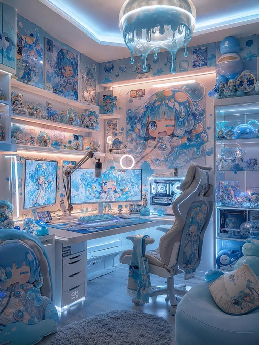 添付イラストを作品テーマとして、キャラクターの世界観が部屋全体に反映された理想のゲーミングルームを、リアリスティックなイラストで描いてください。

壁には大型ポスターやアートパネル、棚にはアクリルスタンドやフィギュア、デスク周辺にはキーボードやデバイス、ぬいぐるみなどの推しグッズを配置し、「このキャラクターを全力で推している部屋」がひと目で伝わる空間にしてください。

ライティングや素材感は実写写真のようにリアルで、生活感と憧れが共存する没入感のある空間表現を重視してください。

縦構図（3:4）。