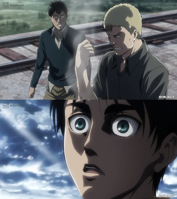 Two images from Attack on Titan Season 2. The top image features Reiner and Bertholdt gritting their teeth and wearing tense expressions. The bottom image features a close-up of Eren with a shocked expression on his face.