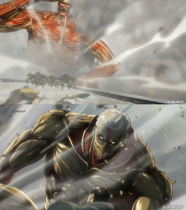 Two images from Attack on Titan Season 2. The top image features the Colossal Titan, and the bottom image features the Armored Titan.