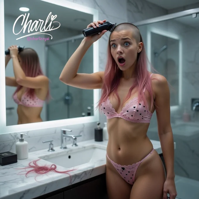 Young woman with long pink hair standing in a modern bathroom, shaving her head with clippers while looking shocked in the mirror. She is wearing a pink heart-patterned loungewear set. Pink hair clippings on the counter.