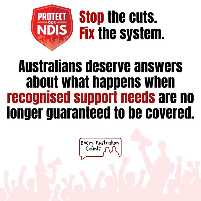 Campaign graphic from Every Australian Counts and the Protect Our NDIS campaign. Text reads: "Australians deserve answers about what happens when recognised support needs are no longer guaranteed to be covered." The graphic features the Protect Our NDIS logo, the slogan "Stop the cuts. Fix the system." and silhouettes of people rallying at the bottom.