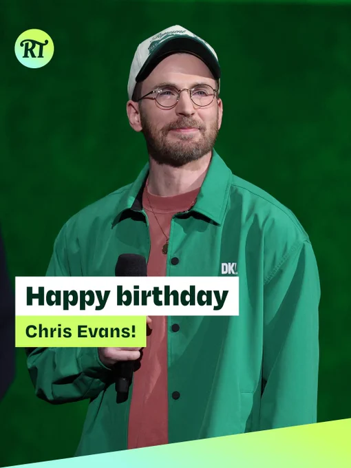 Graphic featuring actor Chris Evans standing on stage holding a microphone. He wears glasses, a green jacket, a matching baseball cap and a pink T-shirt against a green-lit background. An RT logo appears in the top-left corner. Overlaid text reads: “Happy birthday Chris Evans!” A green gradient banner runs diagonally across the bottom of the image.
