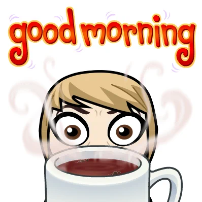 Cartoon of a person with blonde hair and glasses peeking over a white mug of steaming coffee or tea. The text 'good morning' is written in bold, orange and red gradient letters above their head.