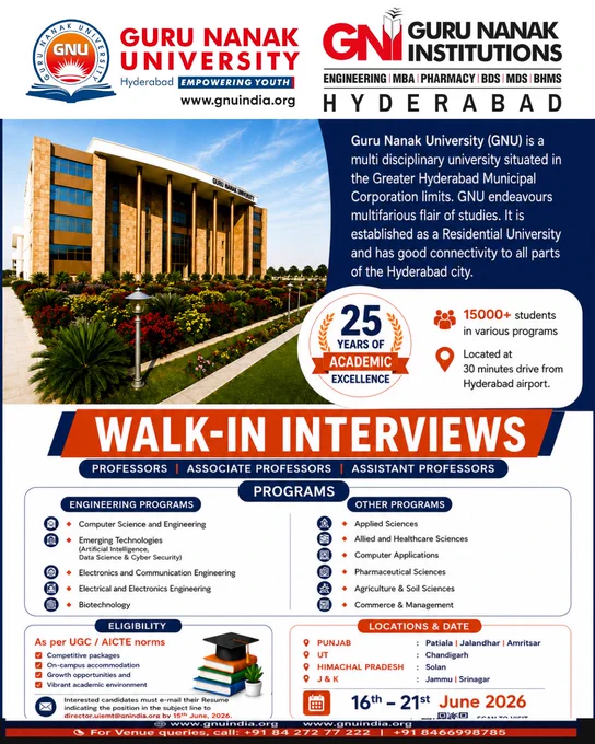 Walk-In Interviews for the Regular Faculty Positions 🎓 Join a prestigious institution with 25  years of academic excellence and shape the future of education. 📢 We are hiring: 👨‍🏫 Professors | Associate Professors | Assistant Professors 📚 Domains: Engineering, Computer Applications , Applied Sciences, Healthcare, Management, Agriculture & more 📍Interview Locations: Srinagar | Jammu | Jalandhar | Amritsar | Patiala | Chandigarh | Solan (HP) 📅 Dates: 16th – 21st June 2026 ✨ Competitive packages | On-campus accommodation | Growth opportunities 📩 Apply now: director.uiemt@gnuindia.org #FacultyJobs #WalkInInterview #TeachingCareers #GNUHyderabad #AcademicCareers #Jobs2026 #ProfessorJobs #aicte #ugc #naac #nba
