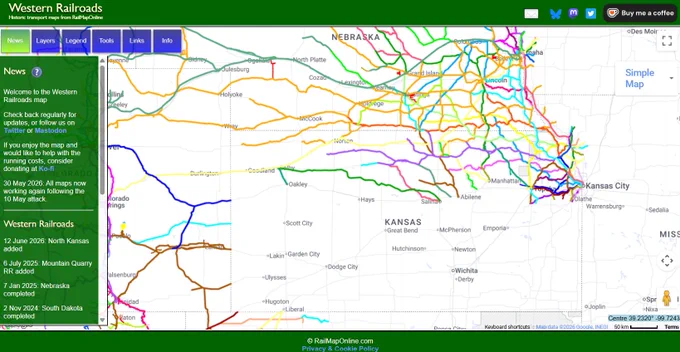 Map showing historic railroads in northern Kansas, plus Nebraska, Colorado and parts of Missouri.