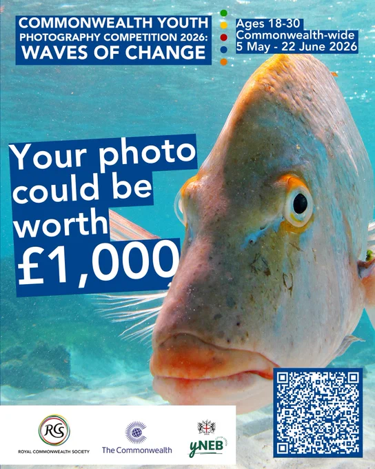 Poster for Commonwealth Youth Photography Competition 2026, “Waves of Change,” with close-up fish underwater and £1,000 prize.