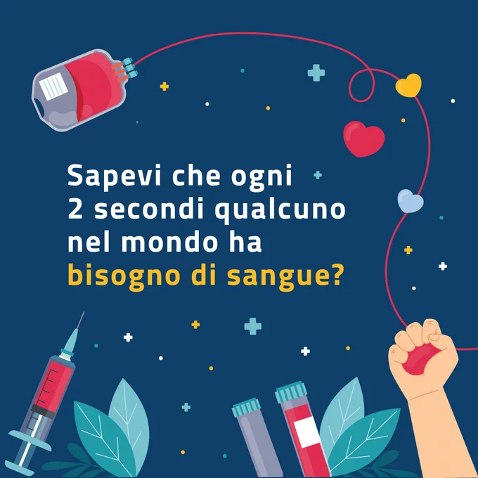 Grafica su sfondo blu con elementi stilizzati per la donazione (sacca di sangue, siringa, provette). Testo: "Sapevi che ogni 2 secondi qualcuno nel mondo ha bisogno di sangue?".
