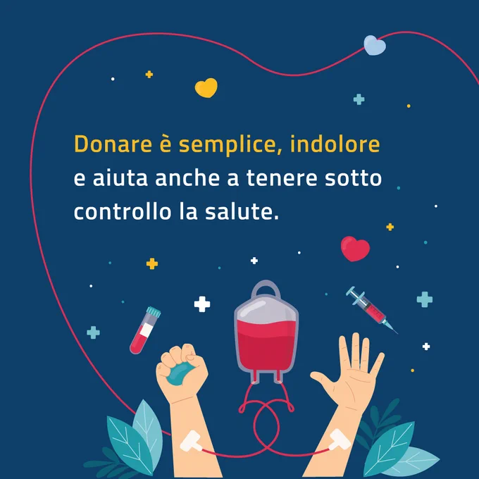 Grafica su sfondo blu che mostra le braccia di un donatore collegate a una sacca di sangue centrali. Testo: "Donare è semplice, indolore e aiuta anche a tenere sotto controllo la salute."