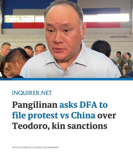Senator Kiko Pangilinan on Saturday urged the Department of Foreign Affairs (DFA) to file a protest against China for its sanctions against Defense Secretary Gilberto Teodoro Jr. and his family.