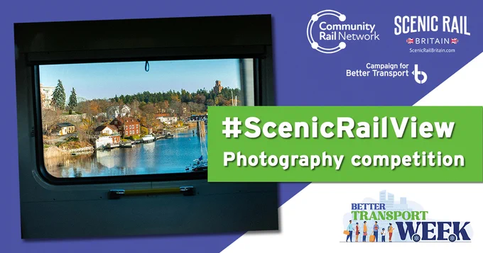 A scenic view of town and water with the words '#ScenicRailView, win a £100 rail voucher'.