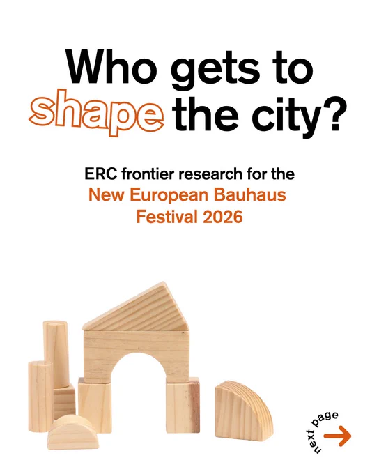 Carousel cover slide with the question "Who gets to shape the city?" in large black text and the word "shape" in orange outline font. Below, the subtitle reads "ERC frontier research for the New European Bauhaus Festival 2026". Wooden building blocks are arranged into the shape of a house against a white background.