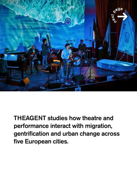 Photograph of a live music performance on a stage bathed in blue light, with a large ocean projection on the backdrop. Several musicians including a saxophonist, double bassist and pianist are visible. A small sailboat prop sits on the stage floor. Below, bold black text reads: "THEAGENT studies how theatre and performance interact with migration, gentrification and urban change across five European cities."