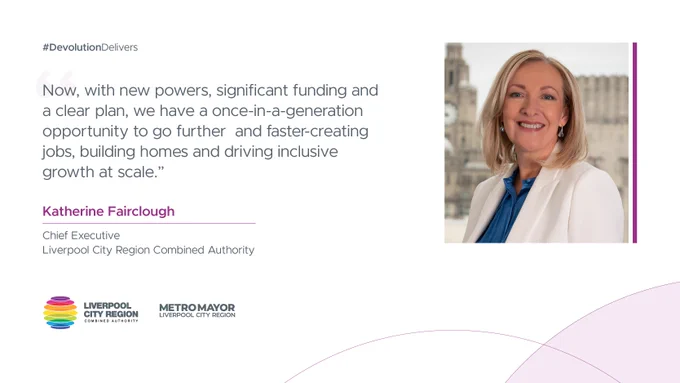Chief Executive Katherine Fairclough speaking about new powers and funding driving job creation and inclusive growth in Liverpool City Region.