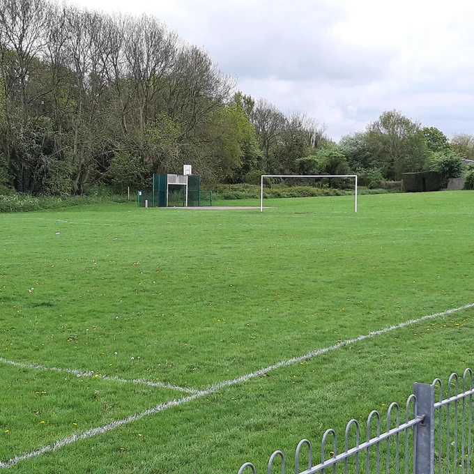 A grassy sports field with a football goal and a basketball court, bordered by trees.