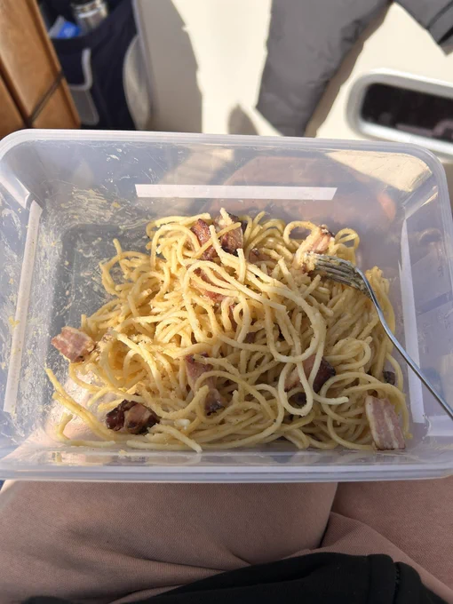 Ein Foto von den nudeln. Diese kleben kalt sehr zusammen und sind mit Speckstücken garniert.