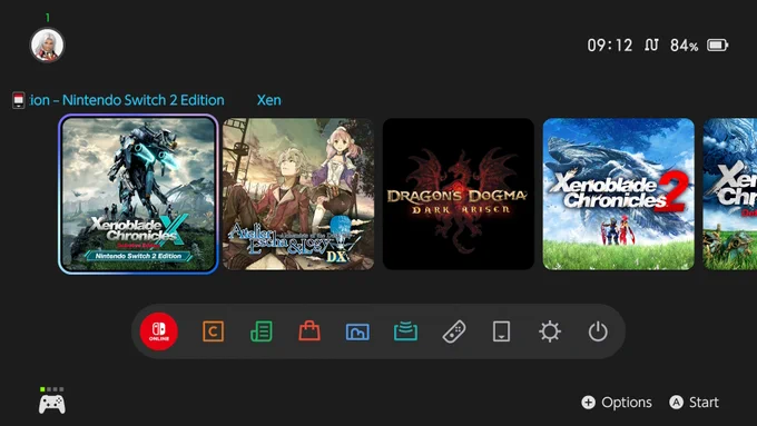 Switch 2 Home screen with tiles for Xenoblade Chronicles X Switch 2 Edition, Atelier, Dragon's Dogma, Xenoblade 2 and 3.