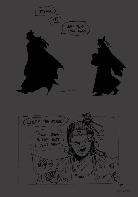 jazz (tailing behind optimus: optimus! OP! holy frag, slow down! whats the matter? youre going so fast that i can't keep-