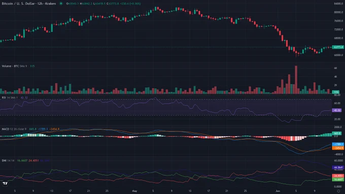BTCUSD 12h candles price chart between 2026-04-02T12:00:00Z and 2026-06-13T08:30:00Z with RSI, MACD and ADX indicator