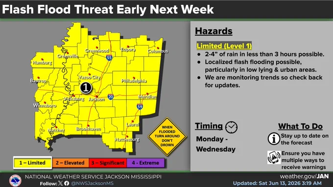 A frontal boundary will bring rain and thunderstorms capable of producing heavy rainfall. Flash flooding will be possible. 