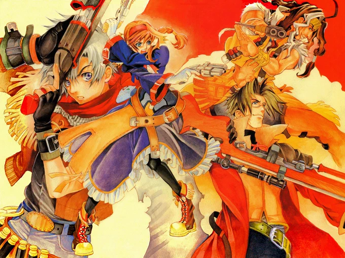 Wild Arms 3 clean artwork  by Yukihiko Ito used for promotional purposes. Image depicts the four drifters: in the middle is Virginia in a blue dress with Rapier Ex ARM (left hand) and Bantorain 93R ARM
(right hand), on the left there's Jet with his Airget-Lamh B/V2 Machine Pistol, on the bottom right there's Clive sporting his Gungnir HAG35 Sniper Rifle, and on the top right there's Gallows holding his modified Coyote M17F. The overall image has a warm orange tone.