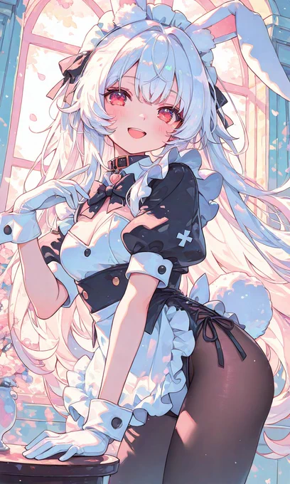 PixAI【Shiitake-Mix】1girl, white hair, red eyes, long hair, maid bunnygirl,puffy short sleeves, bowtie, collar,white gloves, pantyhose,Rabbit tail,smile,open mouth, cowboy shot,masterpiece,high quality,high resolution,high-res,Yuzukastyle, pastel colors,