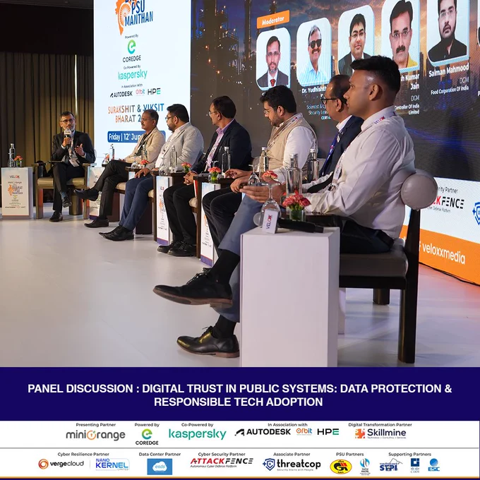 Panel discussion at Bharat PSU Manthan 2026 titled "Digital Trust in Public Systems: Data Protection & Responsible Tech Adoption" featuring leaders from CERT-In, C-DOT, NTPC, CONCOR, Grid India, MoSPI, Indian Ports Association, Skillmine Technology, and KPMG India discussing data protection and responsible technology adoption.