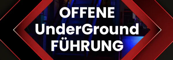 Ein Bild mit dem Text "OFFENE UnderGround FUHRUNG" auf einem schwarzen Hintergrund mit roten und blauen Streifen.