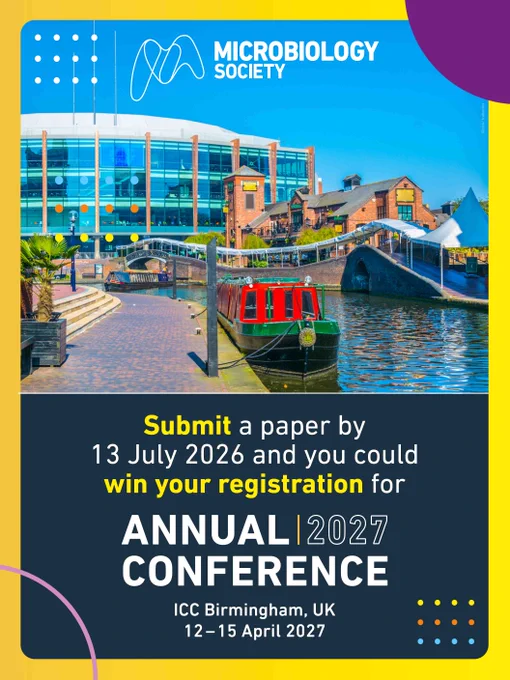 A vibrant canal scene in Birmingham with a red narrowboat and modern buildings, promoting the Microbiology Society's 2027 Annual Conference submission deadline.
