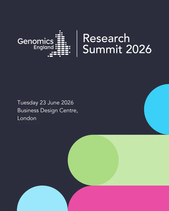 Genomics England Research Summit 2026 announcement with the event details and colourful shapes on dark background.
