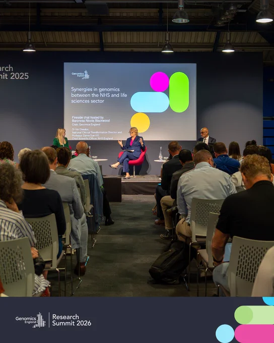 Panel discussion on genomics synergies between NHS and the life sciences sector at the 2025 Research Summit, with an audience listening.