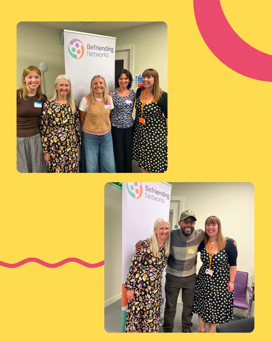 Two pictures of Lucy, Anne, Sarah, Nicola, Sandra and Abdi standing and smiling in front of the Befriending Networks banner