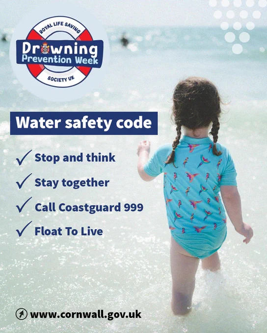 Graphic for Drowning Prevention Week with water safety tips and a child in the sea.