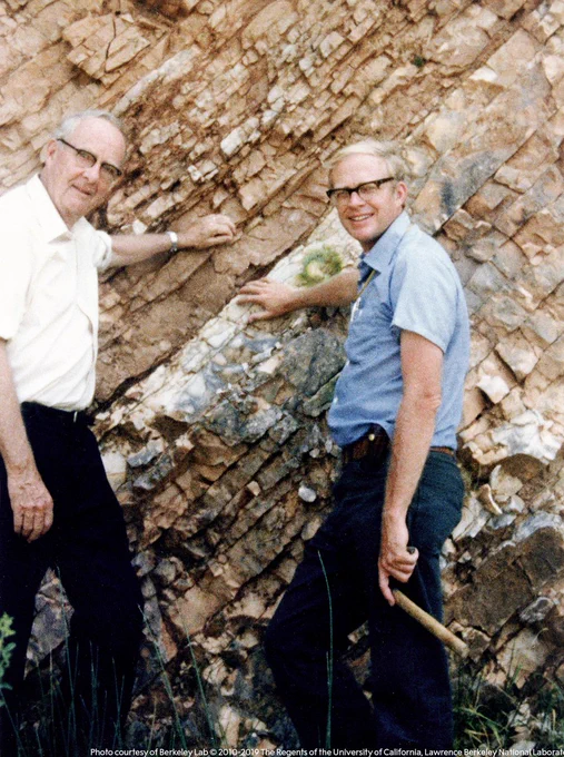 Luis Alvarez and his son Walter stand at a limestone outcropping near Gubbio, Italy.